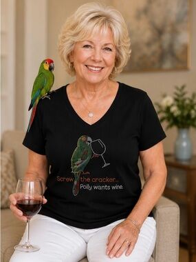 Black T-Shirt with Parrot and Wine Glass Design